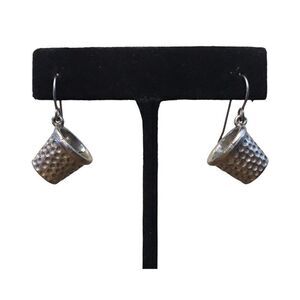 Clift Thimble Pierced Earrings Drop Dangle Silver Tone Metal Sewing Crafting Vtg